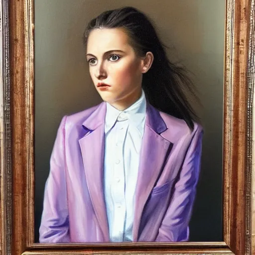 Image similar to 1 8 year old white shirt, purple blazer jacket, brunette, beautiful woman, determined, fearless, sharp looking portrait, oil painting