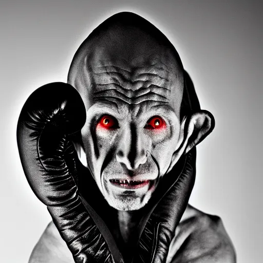 Image similar to portrait of nosferatu after boxing, brews blood, sweating, boxing gloves, 5 0 mm lens, realistic photography