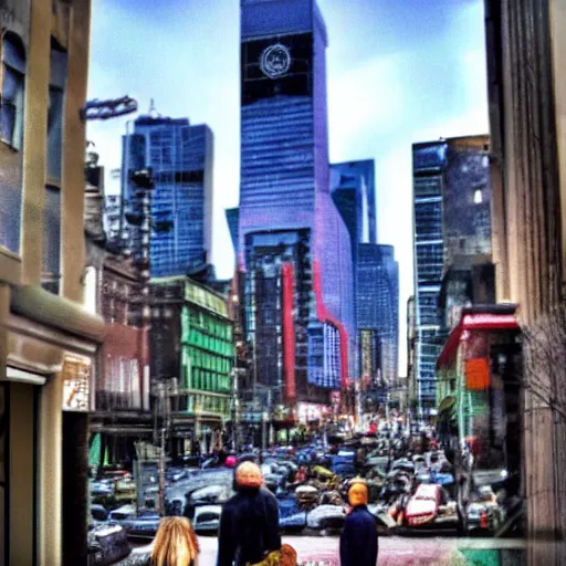 Prompt: <photograph accurate=true quality=very-high>looking out the window at a busy city street</photograph><photobomb>Cthulu</photobomb>