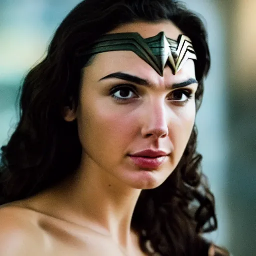 Image similar to Still of Gal Gadot as Wonder Woman, 50% Mediterranean, stunning closeup, 35mm F/1.2