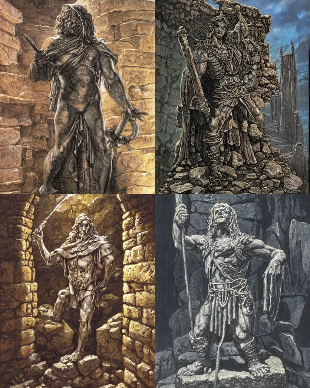 Prompt: Old stone statue in a dungeon, rocks and metal, jeff easley