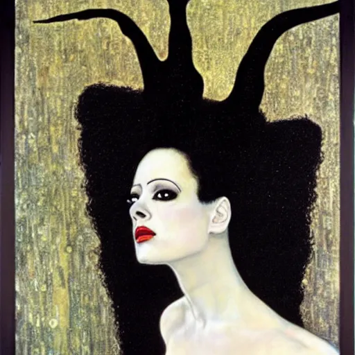 Image similar to bride of frankenstein influenced by gustav klimt.