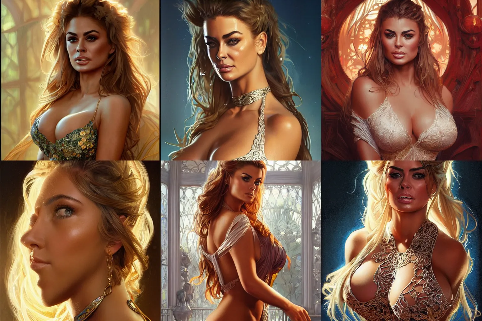 Prompt: portrait of Carmen Electra, fantasy low cut dress, large breasts, intricate, elegant, highly detailed, digital painting, artstation, concept art, smooth, sharp focus, illustration, art by artgerm and greg rutkowski and alphonse mucha