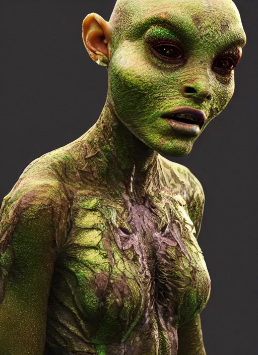 Image similar to alien woman, lake, clothes made out of leaves, rgb, cables everywhere, bedroom, ultra realistic, concept art, intricate details, highly detailed, photorealistic, octane render, 8 k