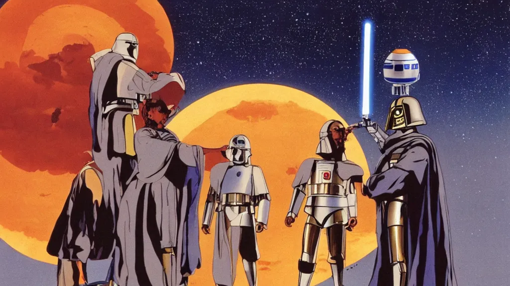 Image similar to film still Luke skywalker obi wan kenobi R2-D2 C-3PO tatooine sunset Star Wars a new hope 1977 studio ghibli animation