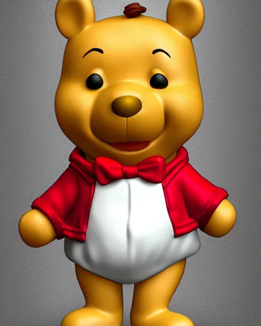 Prompt: full body 3d render of winnie-the-pooh as a funko pop, wearing a suit, studio lighting, white background, blender, trending on artstation, 8k, highly detailed