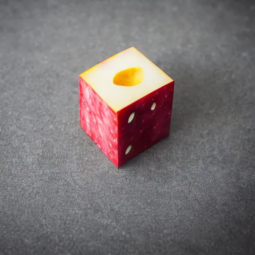 Prompt: dlsr food photograph of an apple shaped as a perfect cube, corners, square, cube, dice, 5 0 mm f 1. 4