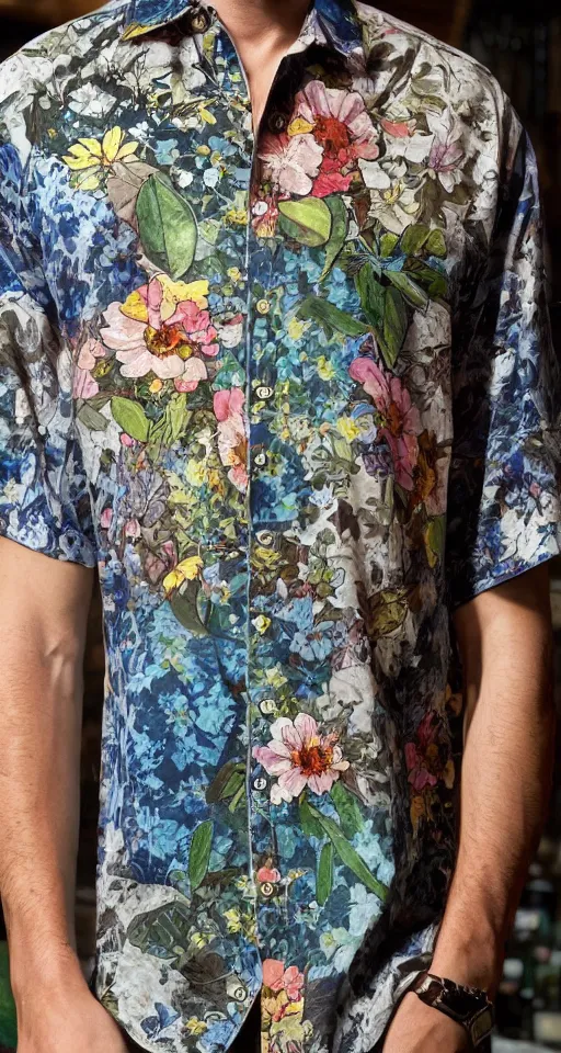 Image similar to close up of max payne floral shirt in a bar, sun shining, photo realistic illustration by greg rutkowski, thomas kindkade, alphonse mucha, loish, norman rockwell.