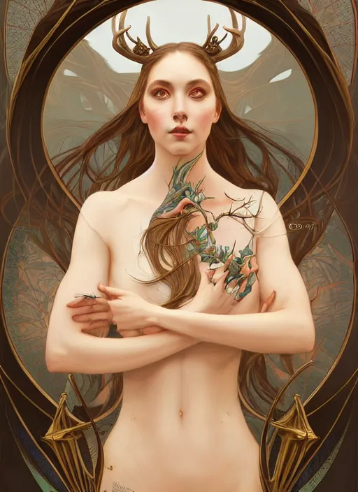 Prompt: symmetry!! portrait of half woman half deer, fantasy, medieval wear, intricate, elegant, highly detailed, digital painting, artstation, concept art, smooth, sharp focus, illustration, art by artgerm and greg rutkowski and alphonse mucha