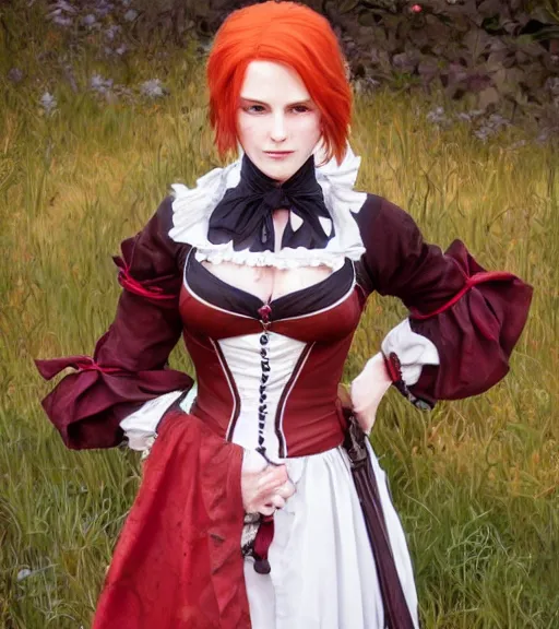 Image similar to Portrait of Triss from the Witcher 3 wearing red gothic lolita dress, perfectly drawn hands, beautiful, 4k, smooth, sharp focus, art by Alphonse Mucha and Shirow Masamune