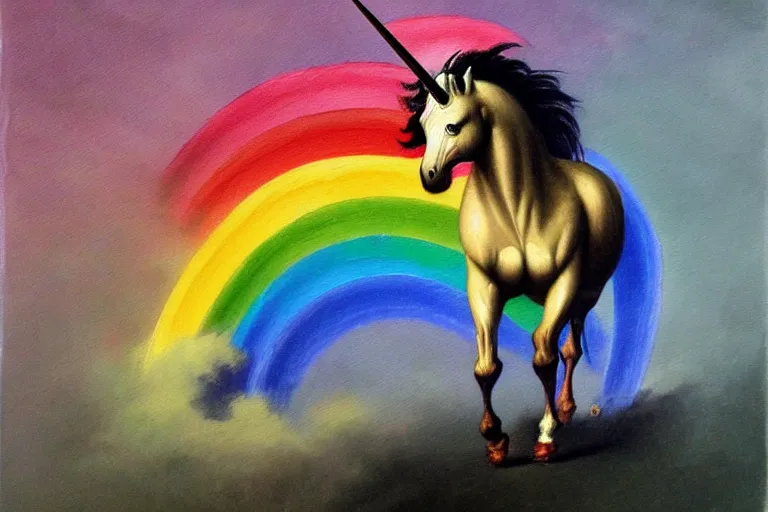 Image similar to detailed traditional painting of a unicorn walking on a rainbow, ((rainbow)) by Caravaggio, authentic, masterpiece, brush strokes, trending on artstation