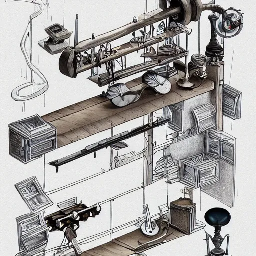 Image similar to musical rube goldberg machine, 2 d technical drawing by john howe, pixiv, deviantart, artstation, danbooru, illustration, realistic, 4 k, unreal 5 render