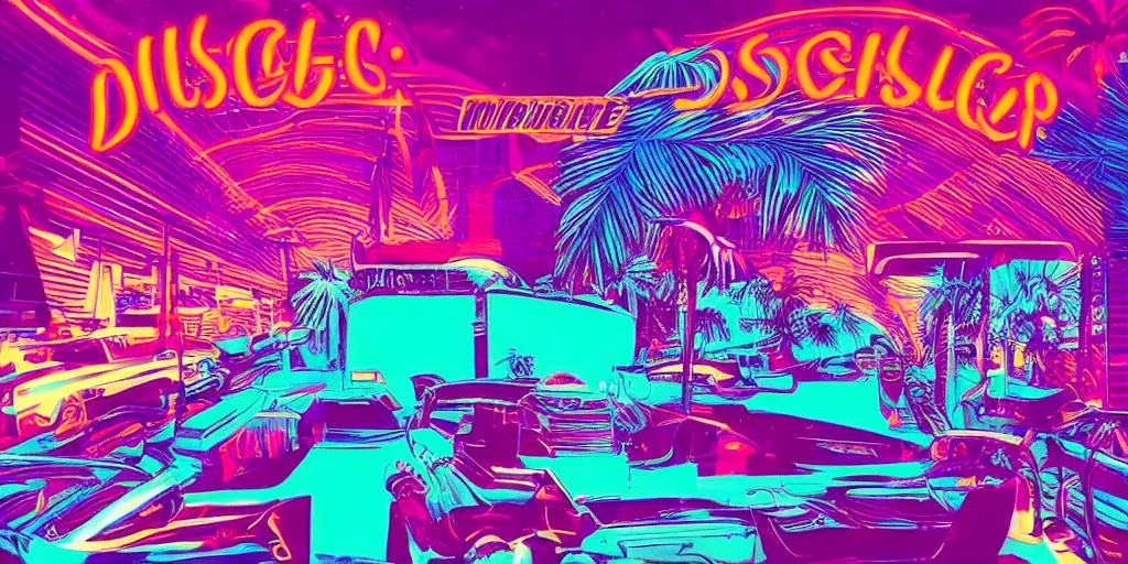 Image similar to discotheque in miami, retro - wave art, synthwave, outrun style