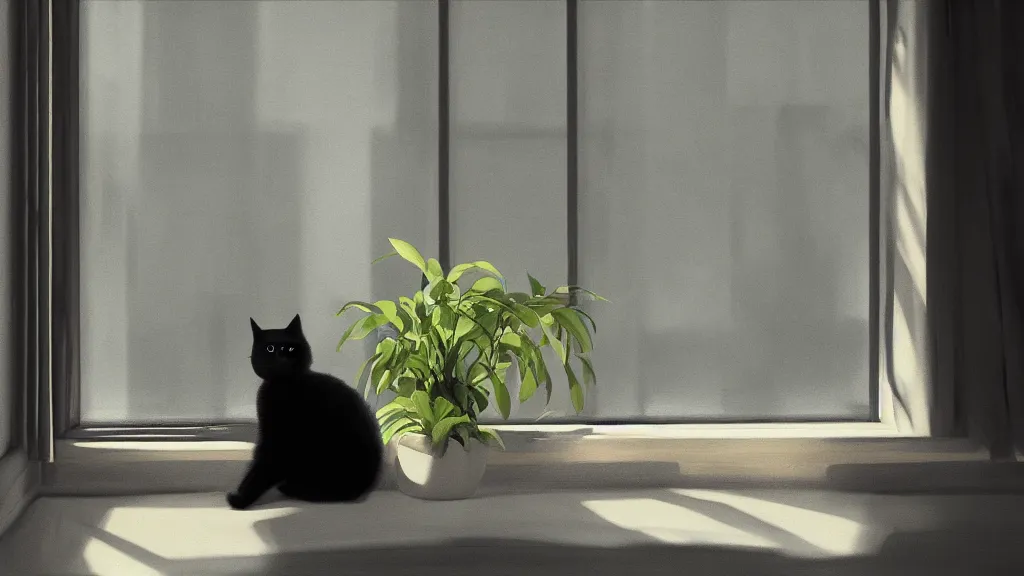 Image similar to peaceful dreamy painting of a content black cat sitting by a window and looking outside, sunshine coming through the window, small plants on the window sill, 8k, hyper realism, trending on artstation, octane render