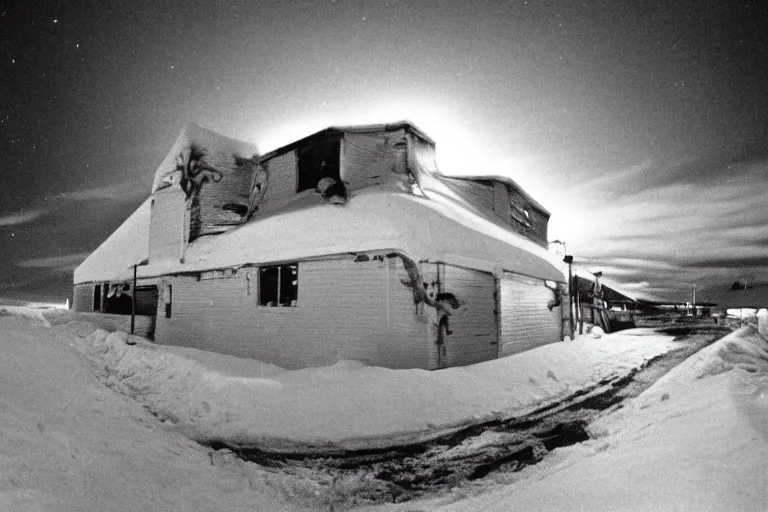 Image similar to scary filmic wide shot angle movie still 35mm film color photograph of a horrific terrifying shape shifting abstract alien organism from The Thing 1982 spewing slimey tendrils outside at mcmurdoch station exterior at night in antarctica with aurora borealis in sky, in the style of a horror film