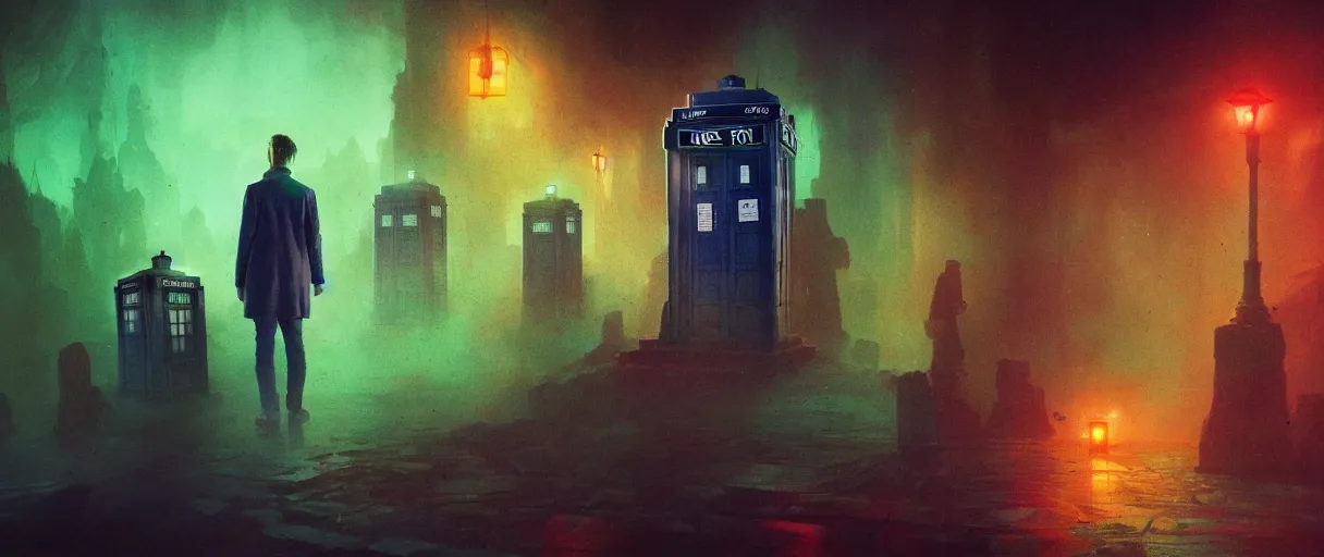 Image similar to neon palette, doctor who stepping out of the tardis ridley scott universe, mysterious, ultrarealistic, cinematic lighting, 4k, wide angle, trending on artstation, beksinski