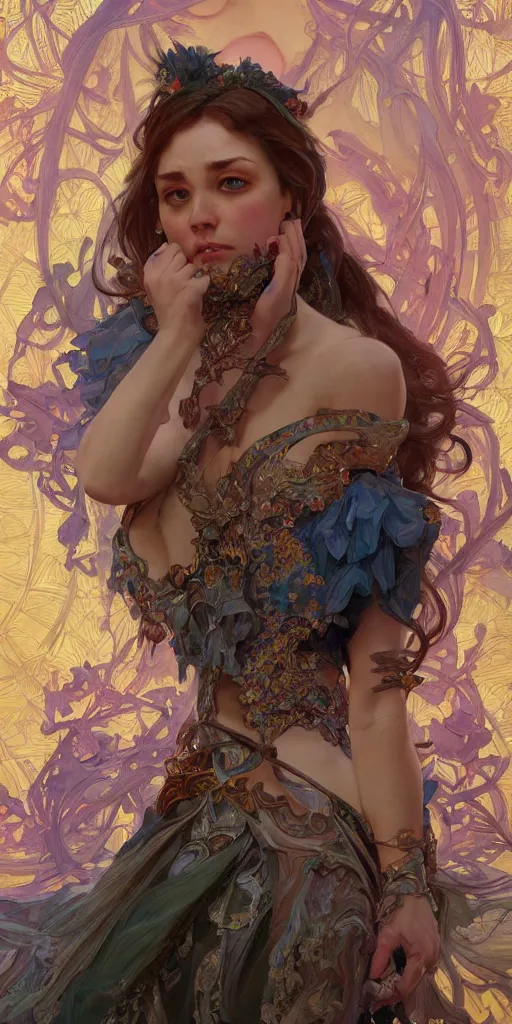 Prompt: portrait of tragedy, expressive pose, acrobatic, rainbow eyes, ornate frilly dress, fantasy, intricate, elegant, highly detailed, digital painting, artstation, concept art, smooth, sharp focus, illustration, art by artgerm and greg rutkowski and alphonse mucha, octane render