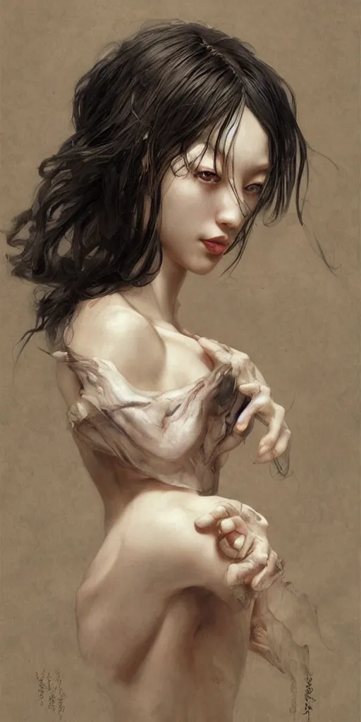 Image similar to Kiko Mizuhara, physically accurate, dramatic dynamic lighting, intricate, elegant, highly detailed, digital painting, artstation, very hyperrealistic, HR GIGER, Hieronymus Bosch, Francis Bacon, concept art, smooth, sharp focus, illustration, art by artgerm and greg rutkowski and alphonse mucha