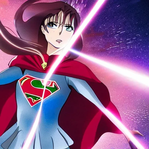 Image similar to anime visual of supergirl, laserbeam from eyes, official media