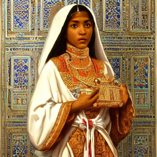 Prompt: orientalist portrait of a moorish woman wearing a white robe and ornate copper jewelry standing in front of petra jordan intricate artwork by Fabio Fabbi and john william waterhouse and Edwin Longsden Long and Nasreddine Dinet and Theodore Ralli trending on artstation, very coherent symmetrical artwork high detail 8k