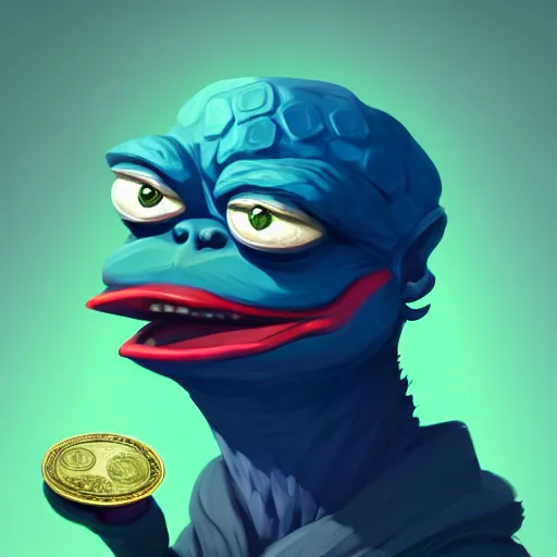 Prompt: super rich happy pepe, luxury, treasury, coins, money, hyper detalied, blue crystals, greg rutkowski, artstation