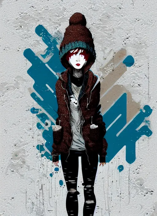 Prompt: highly detailed closeup portrait of a sewer punk lady student, beanie, harris tweed hoodie, frosty white hair by atey ghailan, by greg rutkowski, by greg tocchini, by james gilleard, by joe fenton, by kaethe butcher, gradient, blue, black, brown and cream color scheme, grunge aesthetic!!! white graffiti tag wall background