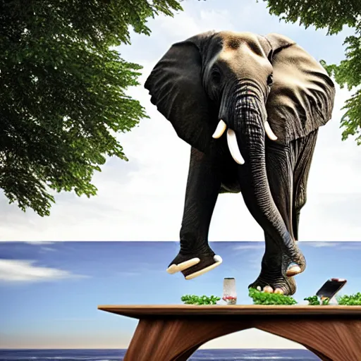 Image similar to an elephant jumping down a table,