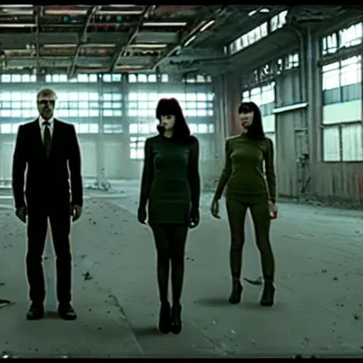 Image similar to replicants standing in an abandoned factory, still from closed circuit tv footage