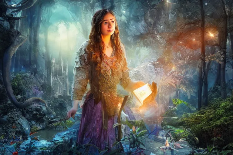 Prompt: a young woman embarks on a fantastical journey of self-discovery after finding a mysterious book. Photo-realistic HD, hyperrealism, colourful, highly detailed, cinematic, luminescence, 32k, DoP, high contrast, intricate, mystery, epic, fantasy