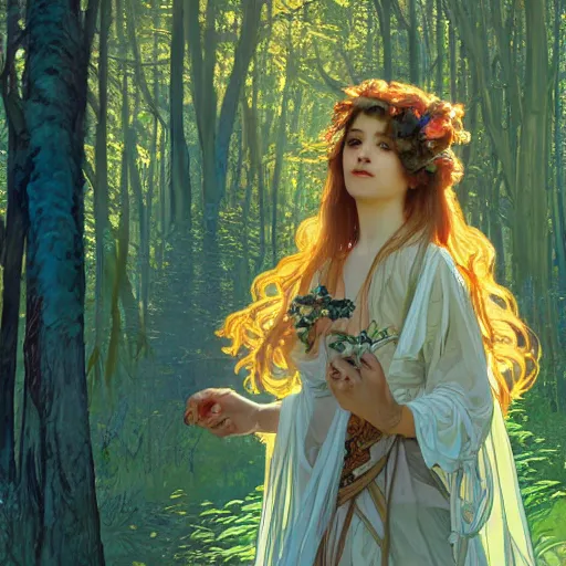 Prompt: portrait of a strange, gorgeous and mystical woman in the woods, trees in the background, evening lighting, 4k, detailed, in the style of Alphonse Mucha