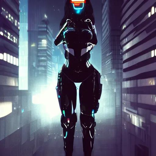 Prompt: A comic book style portrait painting of a warrior girl wearing black & cyber suit, fighting on rooftop Tokyo cyberpunk feel night, rpg portrait, dramatic light, rim light, unreal engine render, octane render, hyperrealistic