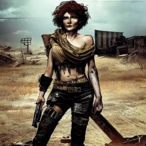 Prompt: mad - maxesque postapocalyptic woman with short curly hair