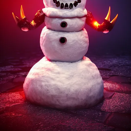Prompt: Photorealistic evil snowman with devil horns. Hyperdetailed photorealism, 108 megapixels, amazing depth, glowing rich colors, powerful imagery, psychedelic Overtones, 3D finalrender, 3d shading, cinematic lighting, artstation concept art