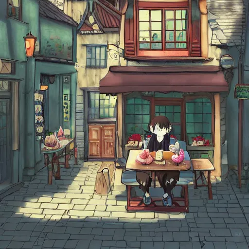 Image similar to beautiful cute cozy little cafe on a cobblestone street in a tiny town, anime style of hayao miyazaki, digital art trending on artstation