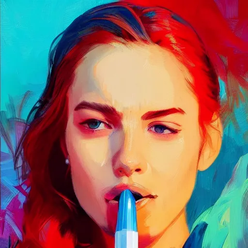 Image similar to poster of a girl holding a pen in her mouth staring directing at camera, confident pose, bright colors, strong brush stroke, very high detailed, symmetrical face, sharp focus, illustration, trending on artstation, art by magali villeneuve, artgerm, jeremy lipkin and michael garmash, h 7 0 4