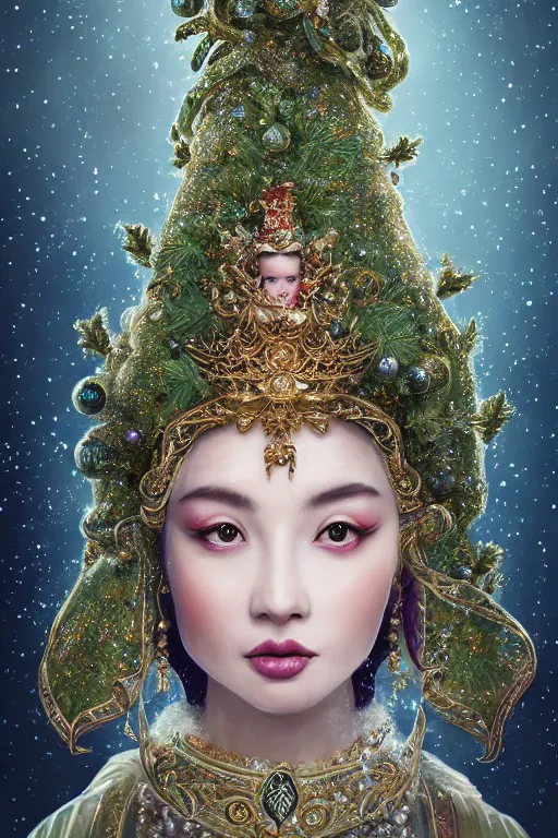 Image similar to a beautiful empress portrait, with a brilliant, impossible striking big Christmas tree headpiece, Santa clothes, everything Christmas, snow, Christmas ornaments, symmetrical, dramatic studio lighting, rococo, baroque, greens, asian, hyperrealism, closeup, D&D, fantasy, intricate, elegant, highly detailed, digital painting, artstation, octane render, 8k, concept art, matte, sharp focus, illustration, art by Artgerm and Greg Rutkowski and Alphonse Mucha