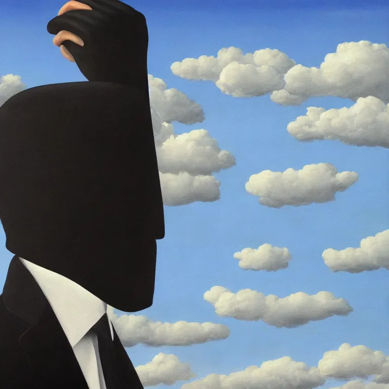 Prompt: portrait of a faceless reflective chrome - head man in a suit and black gloves, clouds and nature landscape in the background, by rene magritte, detailed painting, distance, centered, hd, hq, high resolution, high detail, 4 k, 8 k