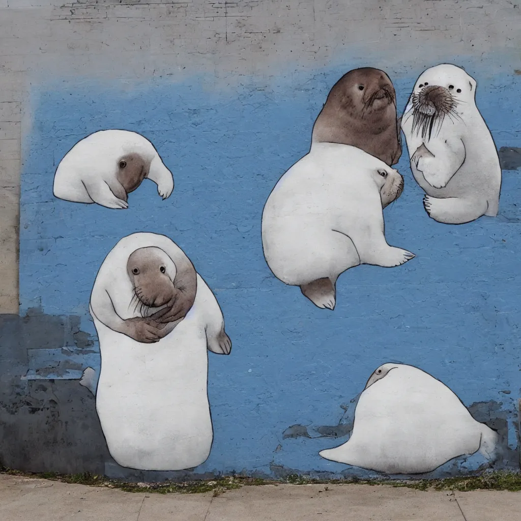 Image similar to a baby harp seal and large walrus, street art