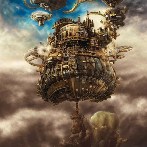 Prompt: flying city in the clouds, steampunk, romanticism artwork