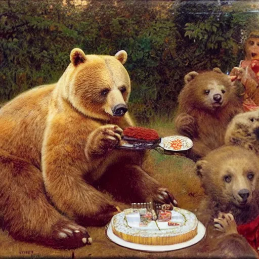 Image similar to polaroid photo of a bear eating cake at his 7 0's birthday at a zoo, highly detailed painting by gaston bussiere, craig mullins, j. c. leyendecker