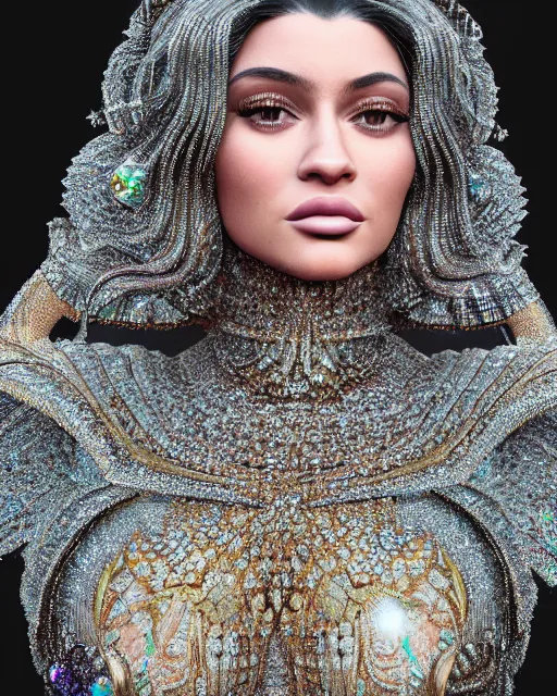 Image similar to a highly detailed metahuman 8 k close up render of kylie jenner renaissance in iris van herpen dress schiaparelli in diamonds crystals swarovski and jewelry iridescent in style of alphonse mucha gustav klimt trending on artstation made in unreal engine 4