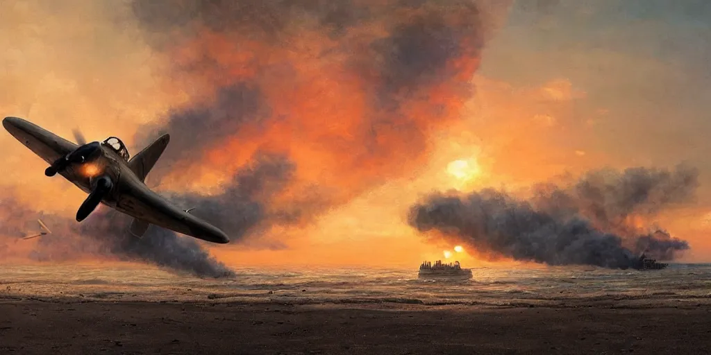 Image similar to normandy!!!!!, 1 9 4 5, airplanes bombing the beach, sunset, sadness, ( ( painting ) ) by jessica rossier and ivan shishkin, ultra realistic!!!, d - day, smoke, highly detailed, the landings, soldiers charging in, chaos!!!, fire, cinematic, wide shot, destroyed tanks, ray tracing