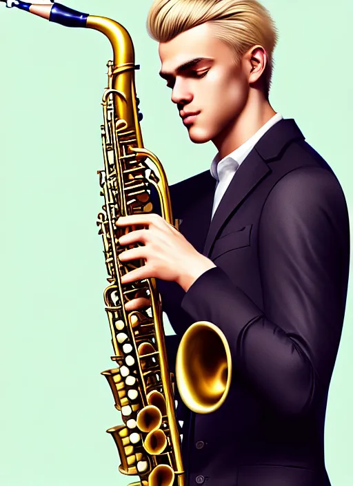 Image similar to photo of a gorgeous young blond man playing sax in the style of stefan kostic, realistic, sharp focus, 8k high definition, insanely detailed, intricate, elegant, art by stanley lau and artgerm