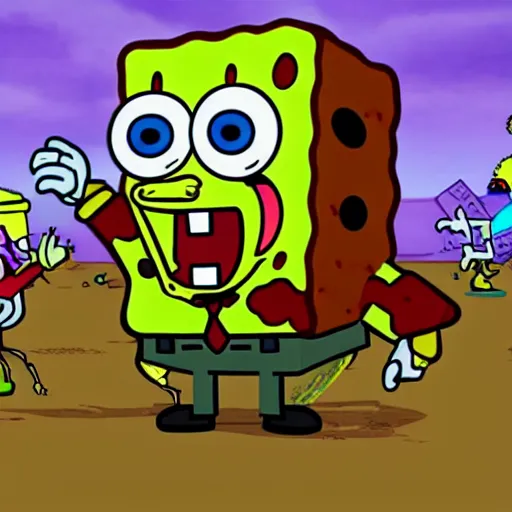 Image similar to doomer spongebob destroys zombies using only crabby patty in kyiv Lo-FI