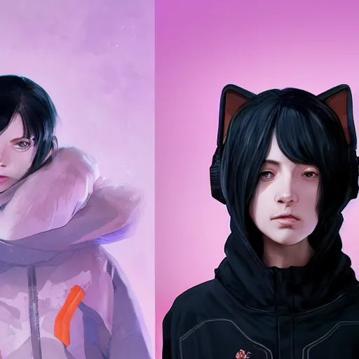 Image similar to a pale skinny white young girl, black hair, the hime cut, in a black hoodie, and two cats, apex legends character, digital illustration portrait design, by android jones and greg rutkowski, retrowave color scheme, detailed, cinematic lighting, wide angle action dynamic portrait