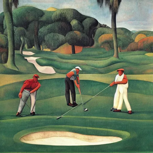 Image similar to Three golfers on a beautiful golf course, by Diego Rivera