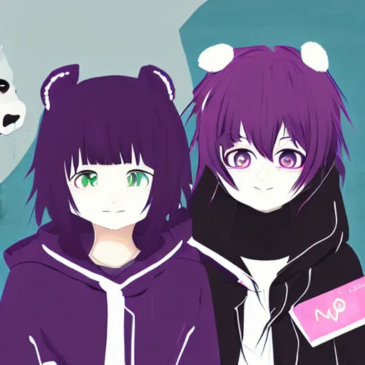 Image similar to two girls, a girl with short white hair and polar bear ears wearing an open black coat, another girl with long black hair wearinga purple hoodie with red eyes, anime key visual art, anime artystyle