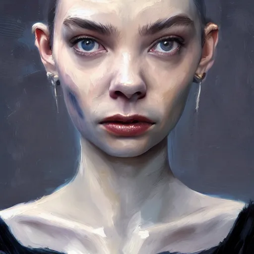 Image similar to expressive oil painting, alien gray - skinned woman based on jennifer connelly mixed with anya taylor - joy, rage, bumpy mottled skin, big black feathered wings instead of arms, body horror, by yoshitaka amano, by greg rutkowski, by jeremy lipkinng, by artgerm, digital art, octane render