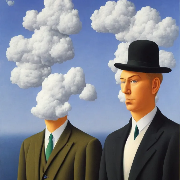 Prompt: portrait of a cloud man in a suit by rene magritte, detailed painting, hd, hq, high resolution, high detail, 4 k, 8 k