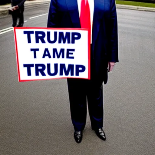 Prompt: a photo of Donald Trump holding a sign saying 'I hate signs !'